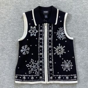 Designers Originals Studio Joy Black Zip-Up Snowflake Knit Vest Sz. S